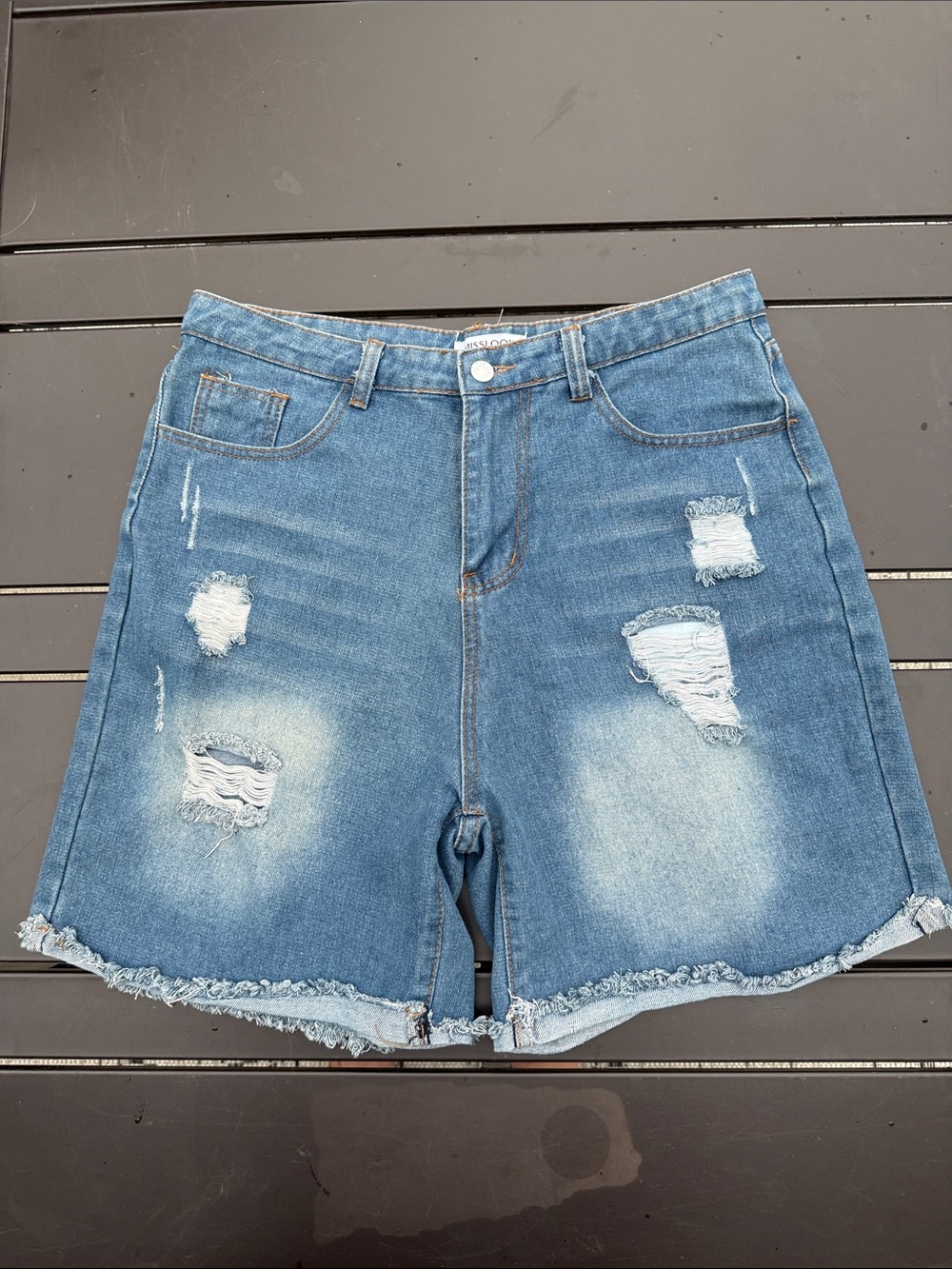 Miss Look High-Rise Distressed Denim Shorts - Blue XL EUC
